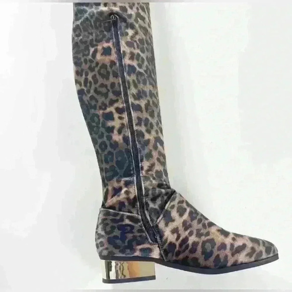Size 5.5 NWT NIB Bamboo LEOPARD Print velvet Stardom OTK boot gold heel - Picture 5 of 5